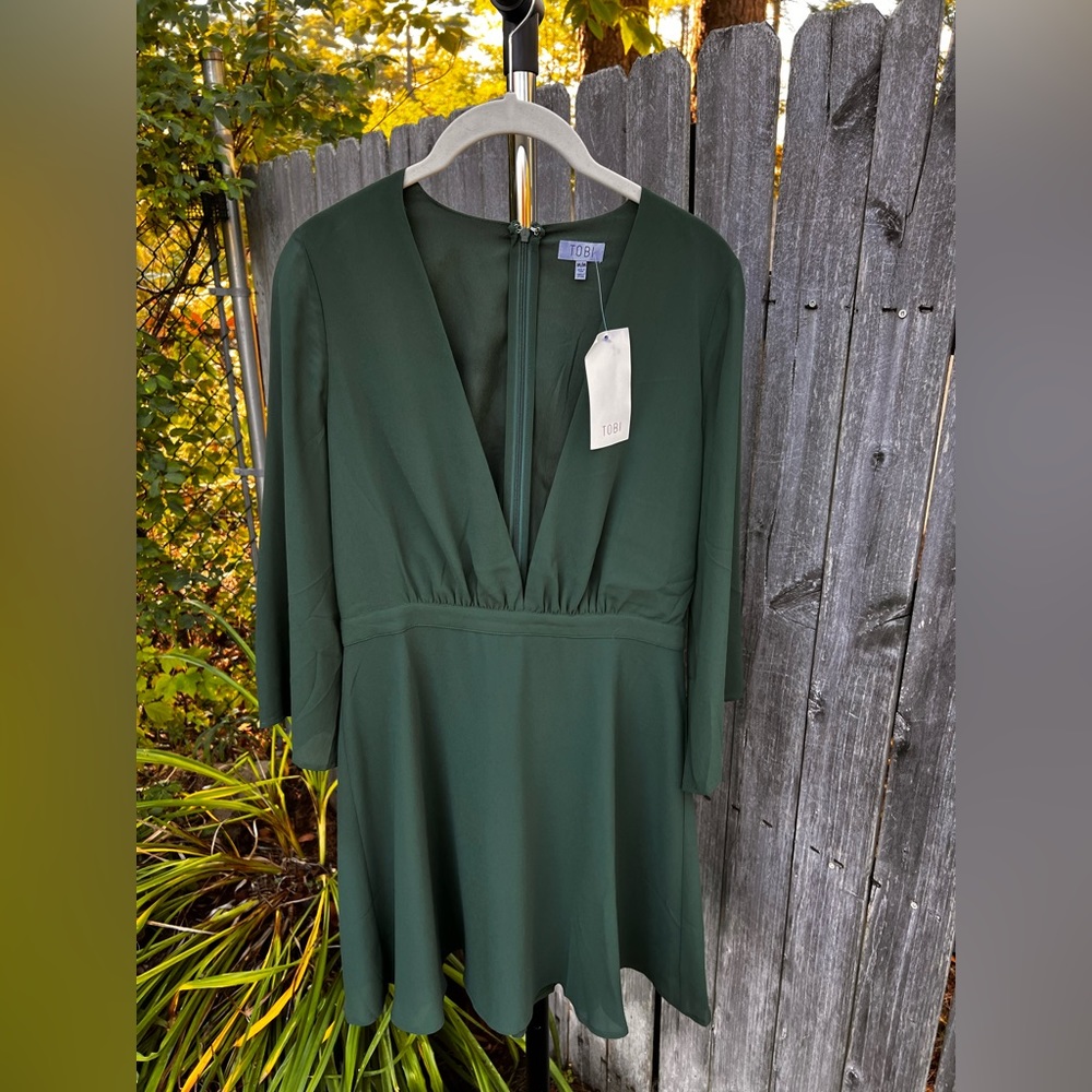 Tobi V Neck Casual Long Sleeve Olive GreenDress, New